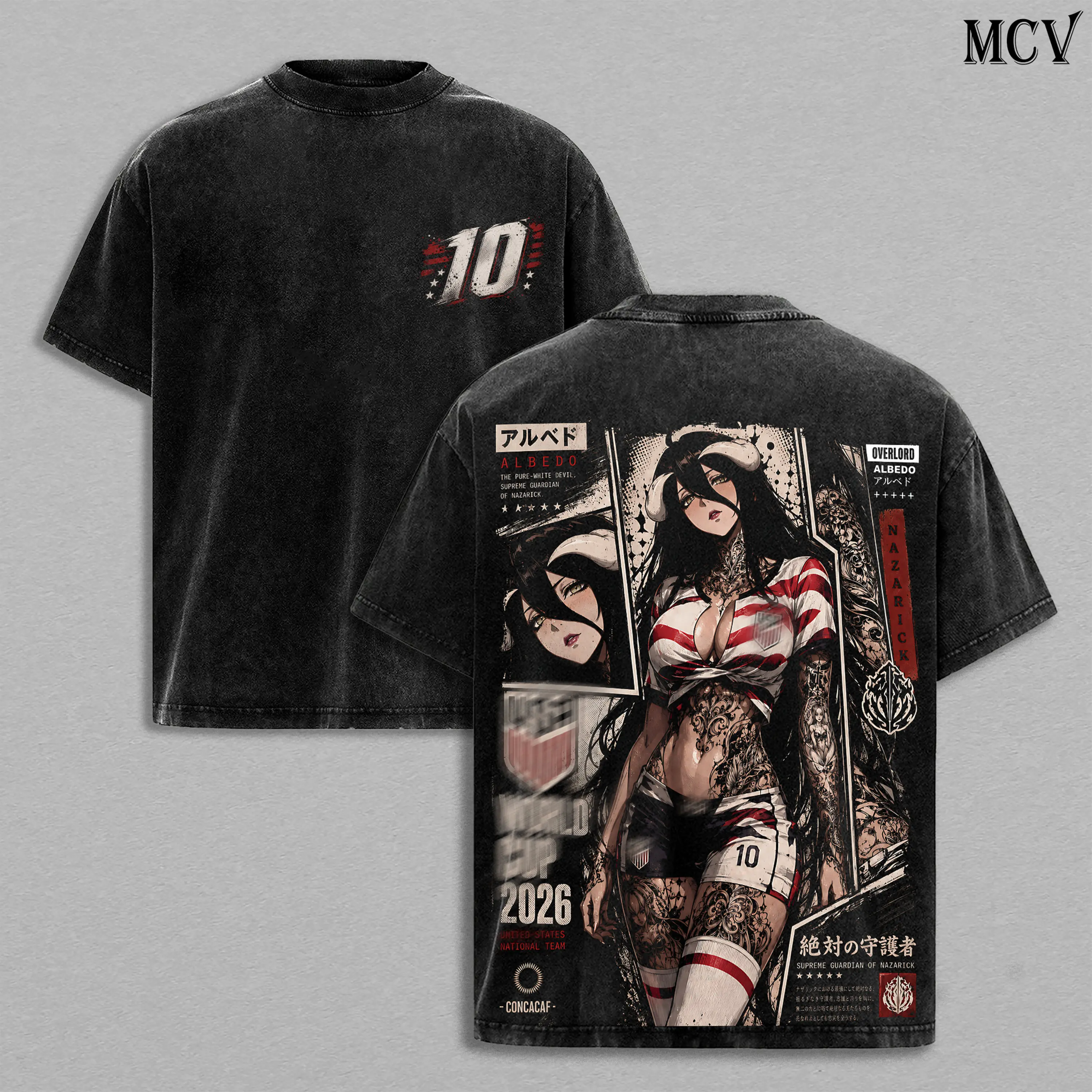 Albedo Overlord Anime Double Printed Vintage Washed Tee, Albedo Overlord T-Shirt, American's World Football Tour 2026, Japanese Irezumi Gothic Blackwork Tattoo Art, Heavyweight Cotton Unisex Oversized Anime Manga Streetwear Graphic Top