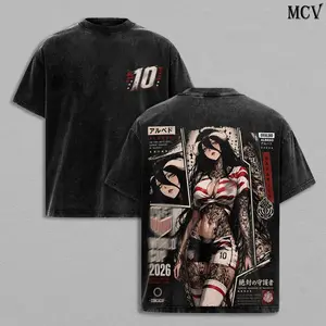 Albedo Overlord Anime Double Printed Vintage Washed Tee, Albedo Overlord T-Shirt, American's World Football Tour 2026, Japanese Irezumi Gothic Blackwork Tattoo Art, Heavyweight Cotton Unisex Oversized Anime Manga Streetwear Graphic Top
