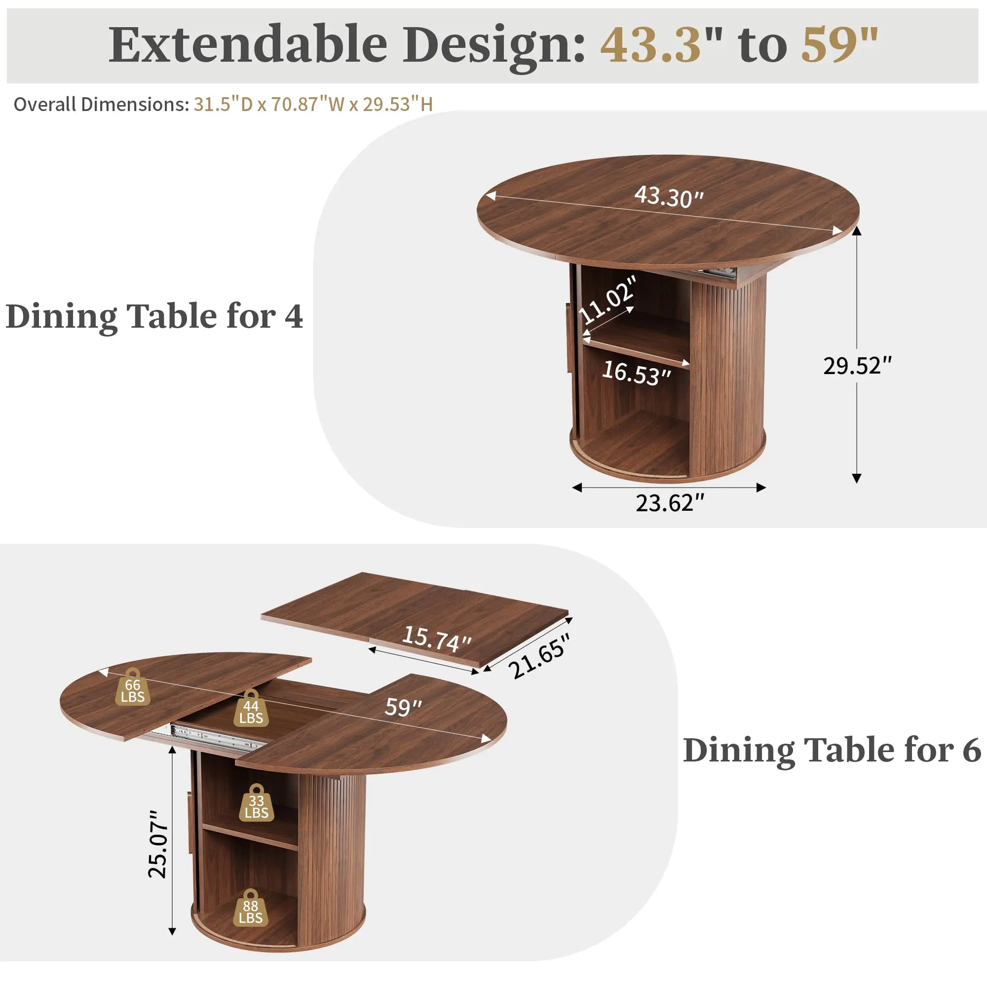 Walnut 43"-59" Extendable+hidden Storage