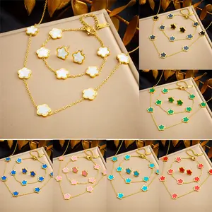 Stainless Steel Five Flower Earring Bracelet Necklace Exquisite Brand Jewelry Set Lucky 5 Leaf Clover Titanium Steel Chain Gifts