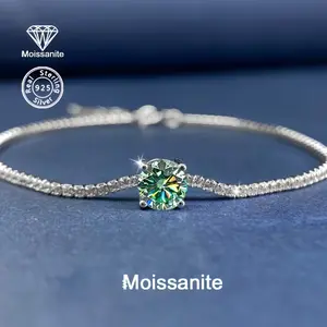 1CT Green Moissanite Tennis Bracelet, 925 Sterling Silver Solitaire Bracelet, Sparkling Adjustable Bangle for Women, Wedding Party Jewelry Gift