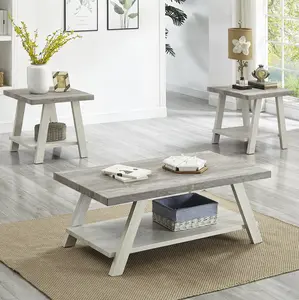 Athens Contemporary 3-Piece Wood Shelf Coffee table'set in Weathered Gray and Beige