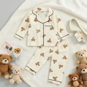 Kids Toddler Girl Boy Two Piece Pajamas Set Button Down Pajama Shirt Top long Pants Bear Sleepwear Pjs Set Pajamas  For  Kids