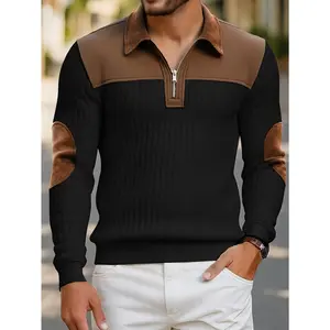 Men'S Color-Block Design Casual Stand Collar Pullover - Ribbed Color Block Patchwork, Thick Warm Pullover, Stand Collar Zipper Design, Suitable For Daily Casual Fashion Simple Versatile Outing Commuting Long Sleeve Personality Pullover