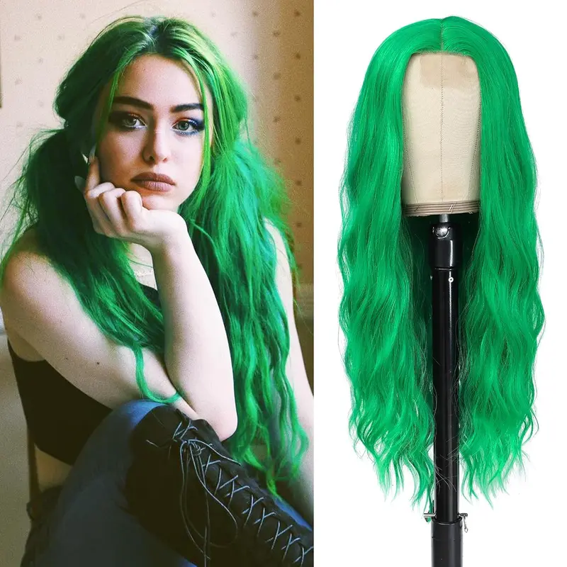 Green Wig Long Wavy Wigs for Women Middle Part 26 inch Natural Curly Synthetic Heat Resistant Fiber Wigs for Daily Party Use