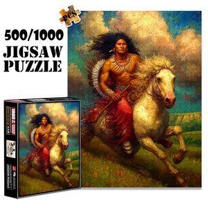 1pc 1000 piece adult puzzle 70x50cm Riding Warrior on Horse with Feathered Headdress 500 pieces of paper jigsaw puzzle, suitable for adults and families, large-scale DIY puzzle interactive toy games