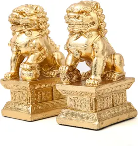 Gold Foo Dogs Traditional Statues Table Decor ，Feng Shui Statue Shelf Decor,Abstract Foo Dogs Statues Pair Accents Decorations, Lion Statue Home Decor for Shelves.