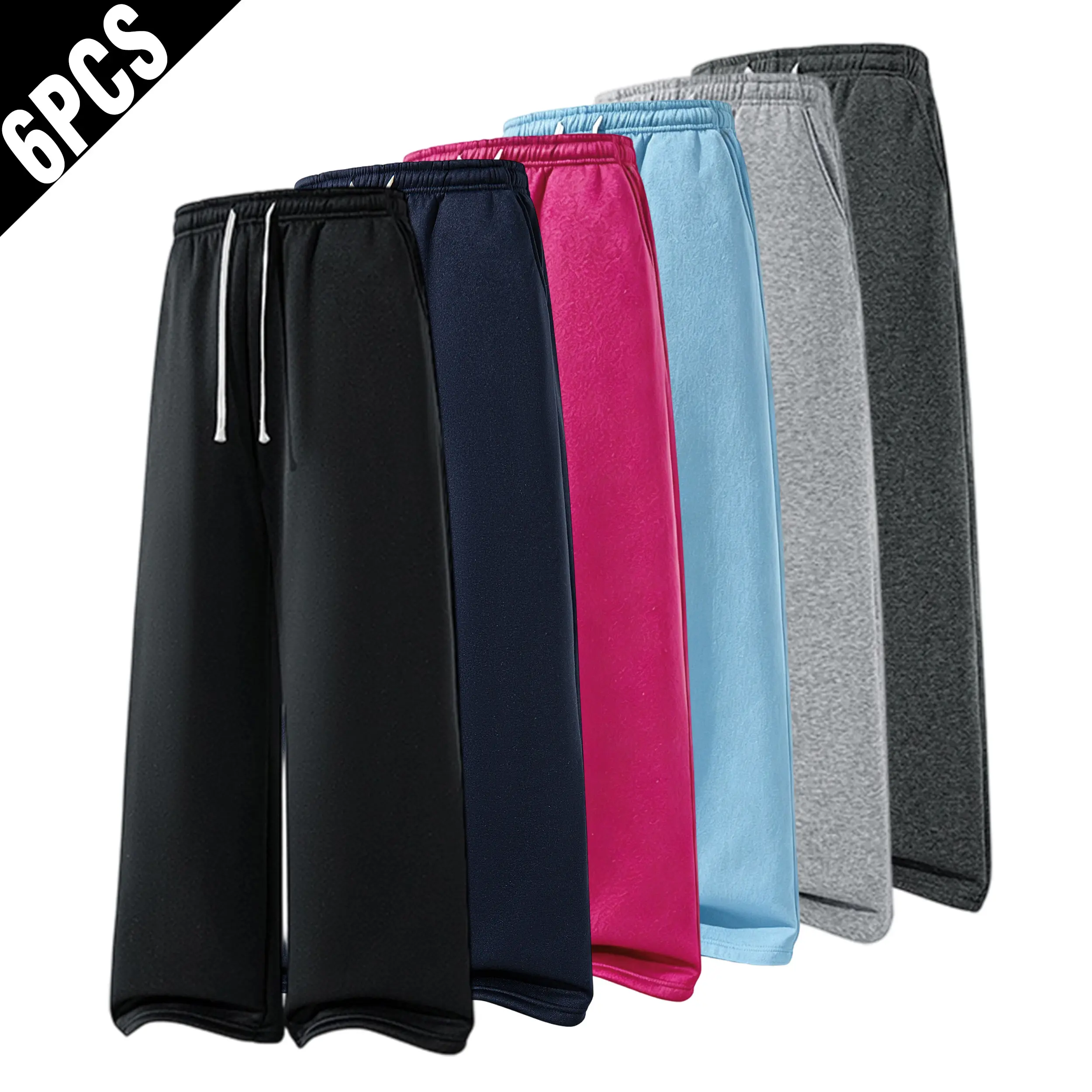 Men's Athletic Joggers 6-Pack, Solid Fleece Wide-Leg Sweatpants with Drawstring, Loose Cut Casual Wear Pants, Male Clothing Pants, Full Length, Soft Fleece, All Season, Loose Fit, Fleece Linings