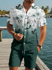 Men's Gradient Ocean Coconut Tree Casual Set, Soft Comfortable Shirt, Drawstring Shorts, Street Style, Vacation, Multiple Sizes