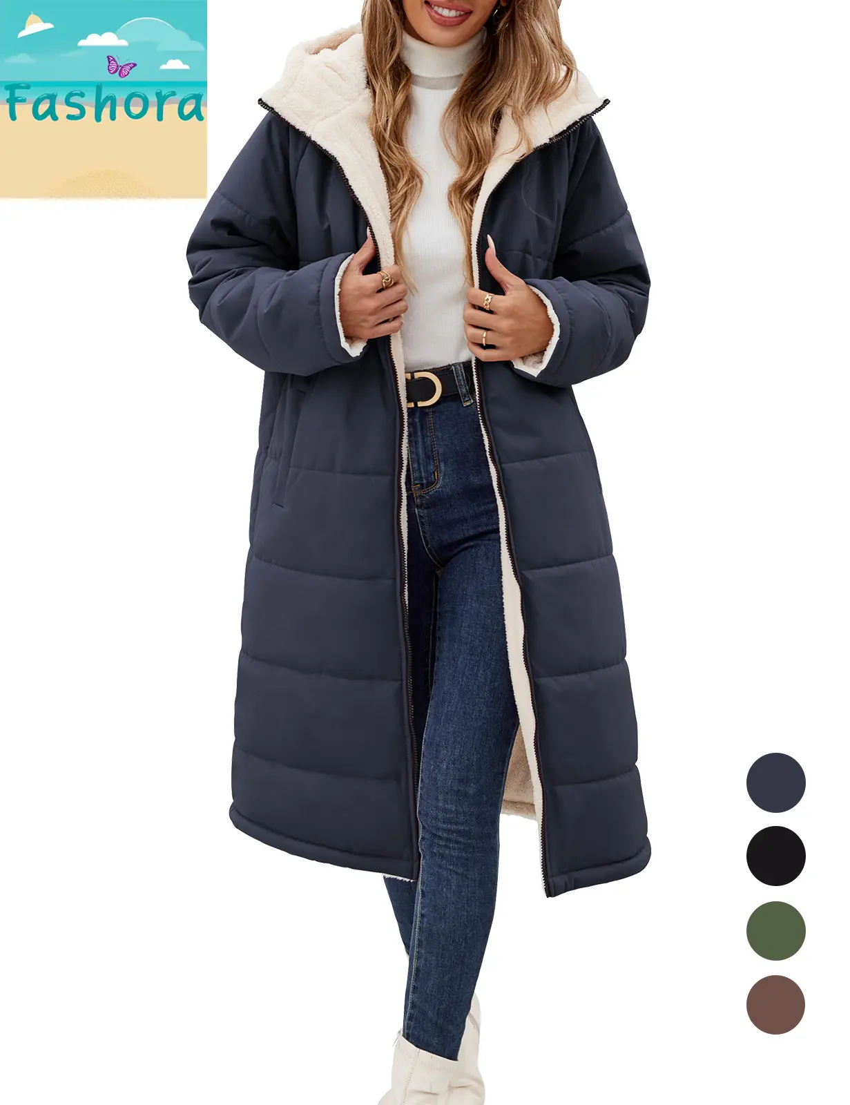 FASHORA Women's Regular Fit Heavyweight Sherpa Fleece Coat Jacket with Pockets, Casual Fall & Winter Hooded Coat for Daily Commute Reversible Black Womenswear