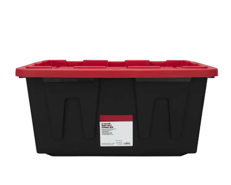 27-Gallon Black Plastic Storage Tote with Red Snap-On Lid – Large Heavy-Duty Organizer Bin for Garage, Basement & Seasonal Storage
