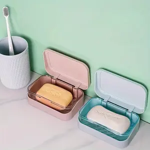 Rectangular Plastic Soap Dish Holder with Lid, Double Drain Design, Drill-Free Bathroom Organizer, Portable for Travel & Home Use, Ideal Christmas Gift