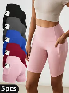 5pcs high-waist pocket yoga shorts, Women's High-Waisted Yoga Shorts with Pockets, Stretchy Fitness Running Cycling Workout Shorts with Tummy Control