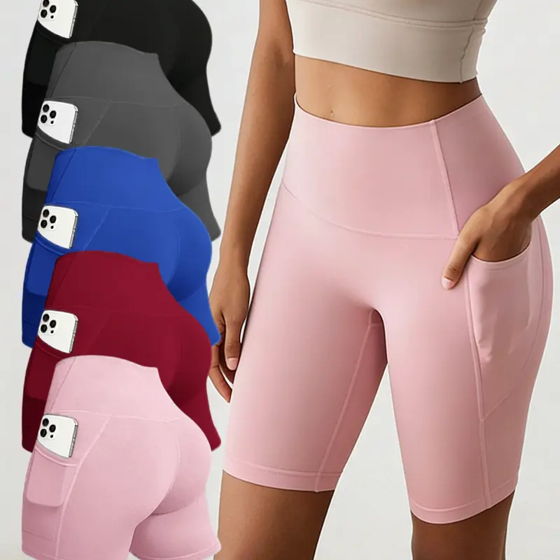 5pcs high-waist pocket yoga shorts, Women's High-Waisted Yoga Shorts with Pockets, Stretchy Fitness Running Cycling Workout Shorts with Tummy Control