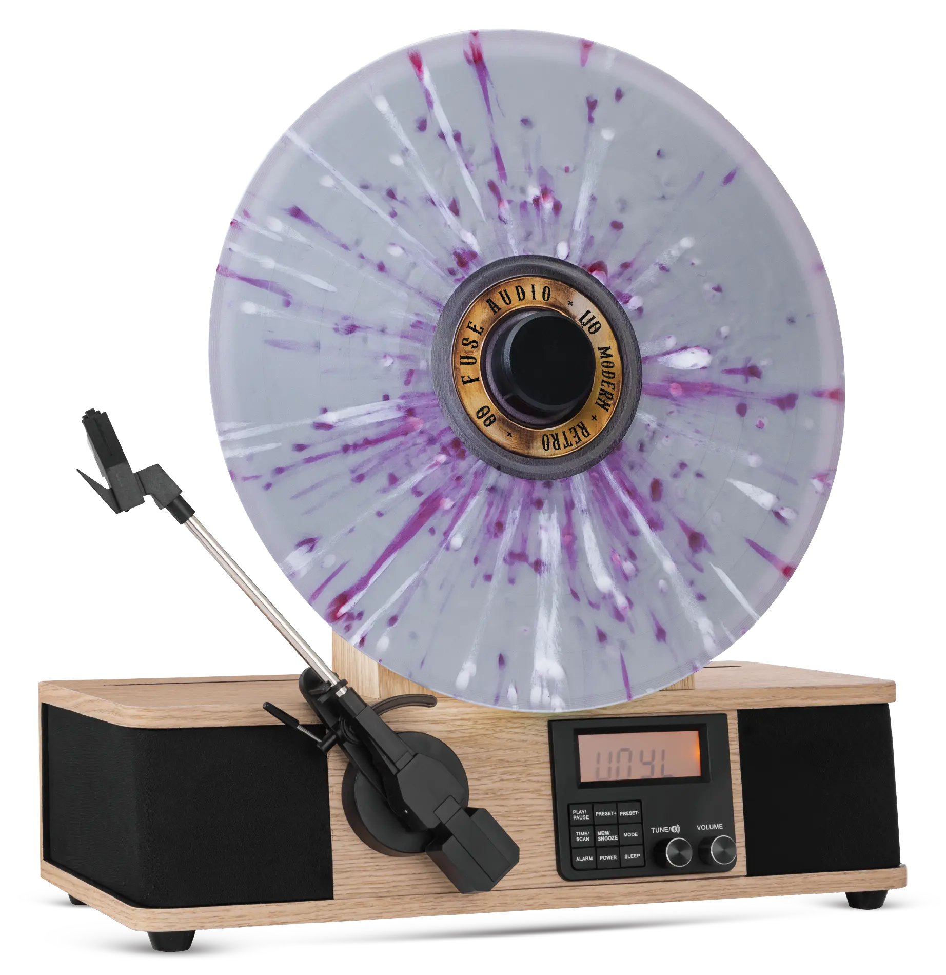 New Fuse Audio Vertical Record Player - Vertical Fabric Wrap, Mid-Century Modern Revival Collectible, 1 Year Coverage, Built-in FM Radio Frequency, Alarm Clock, AUX In, Line Out, Bluetooth Connectivity, Vinyl Compatible