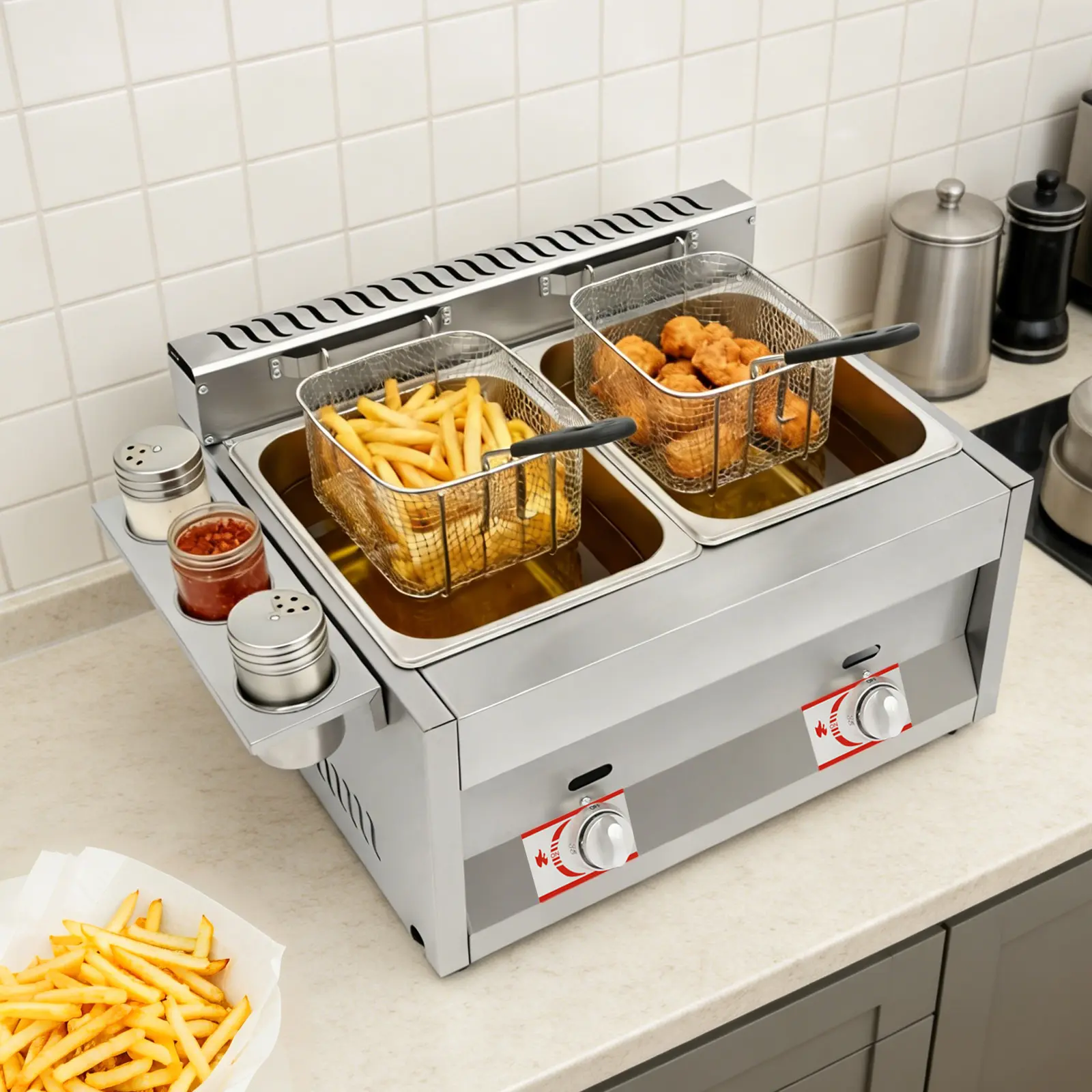 SHANGMAKEL Stainless Steel Modern Compact Tabletop 2-Tank Commercial Deep Fryer, 6L Each Gas Powered LPG Fryer with Simultaneous Fry Function for French Fries Chicken Wings Snack Shop, 50-380°C Silver, Snack Shops