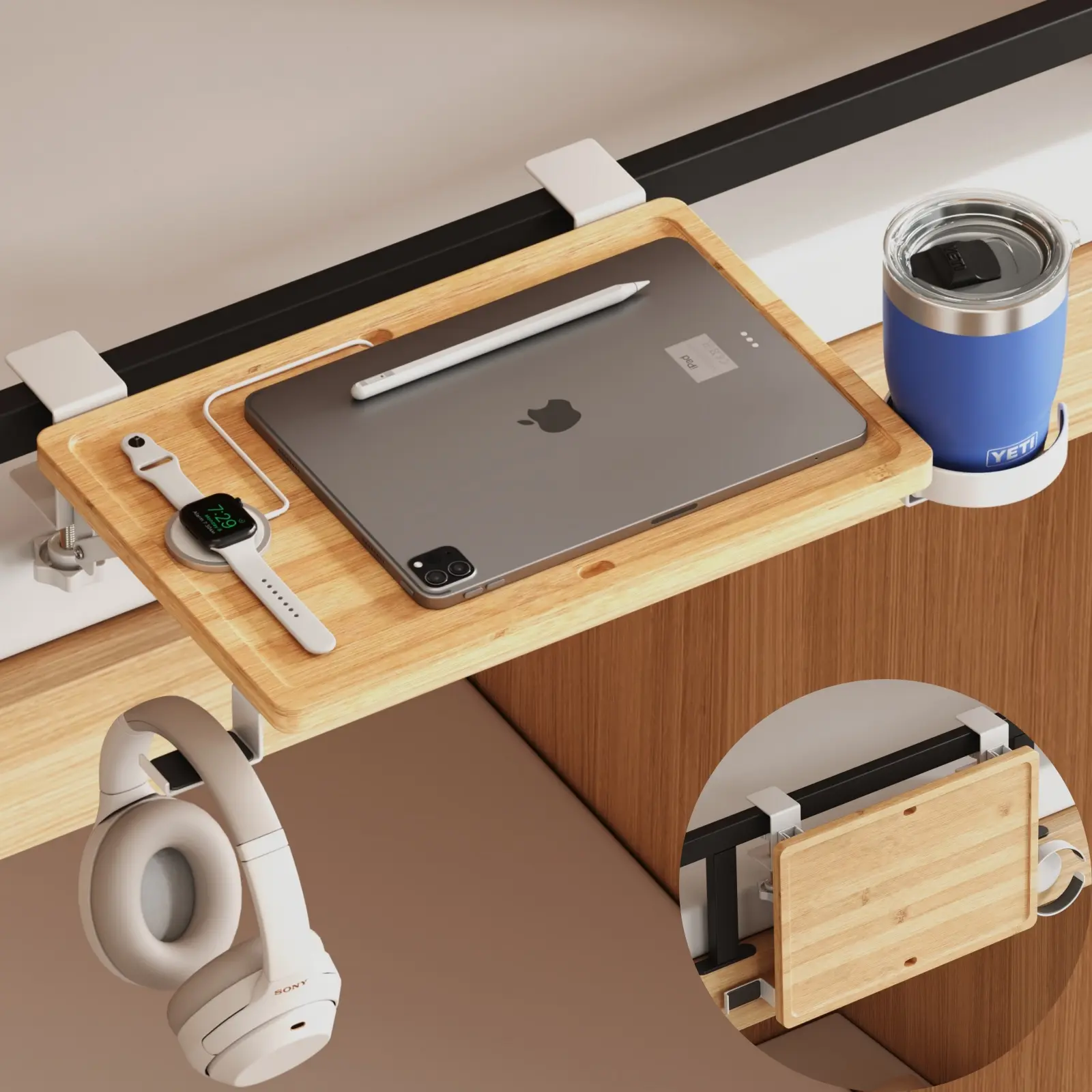 Bamboo Wooden Foldable Clip-On Bedside Desk Shelf Organizer - Drill-Free Metal Mountable, Rectangular, Strong Hold, Cup Holder, Earphone Hooks, Detached Parts, Easy Install for College Dorms, Shelves for Bedroom