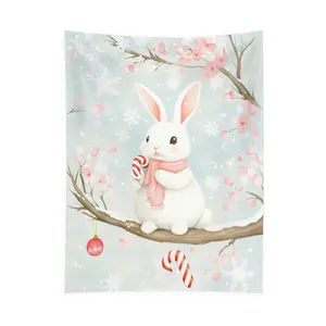 Candy Bunny Tapestry Rustic Winter Wall Decor living room White Bunny With Cherry Blossom And Candy Cane On Branch Tapestry Acrylic Pendant Ornament For Living Room Bedroom Christmas Gift For Kids