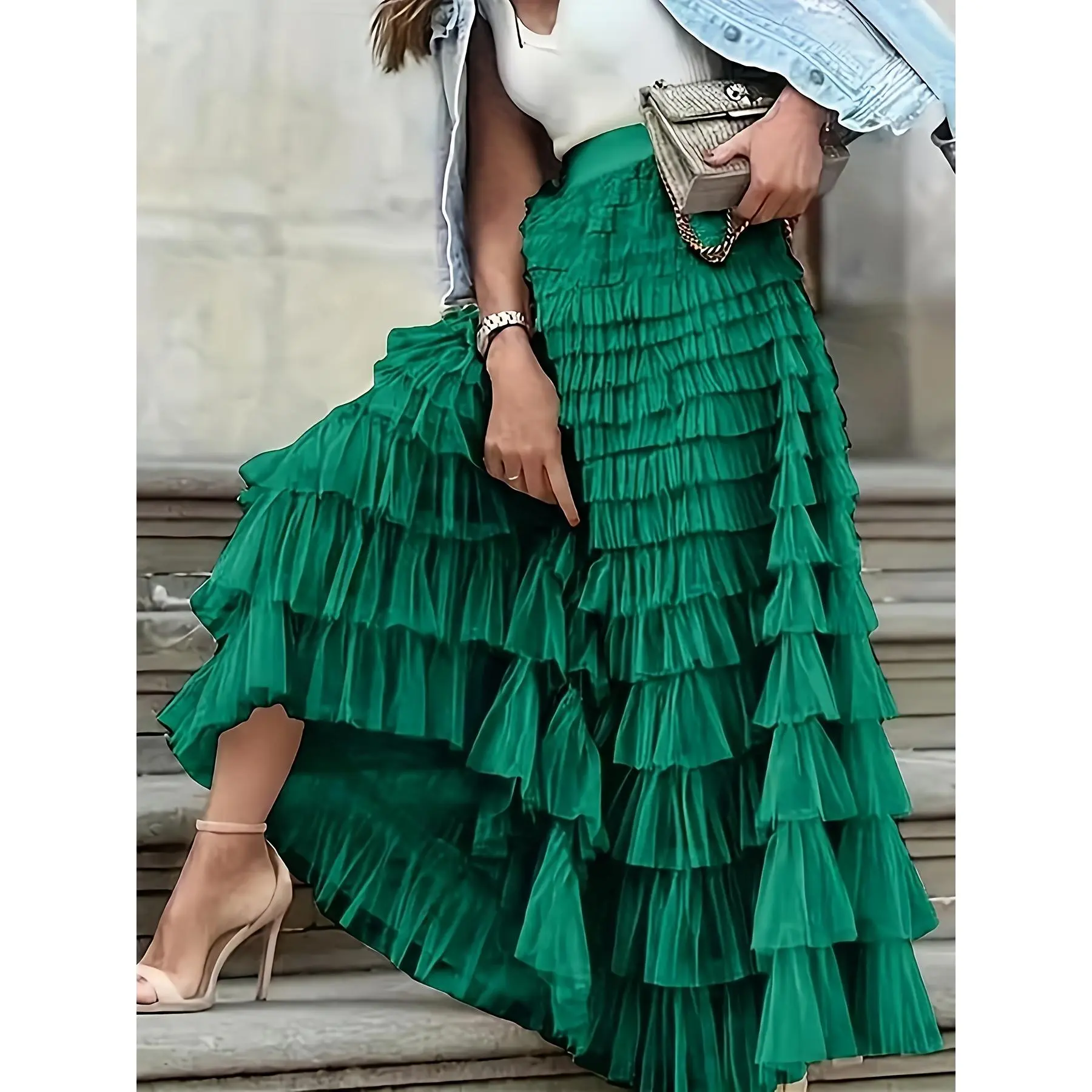 (New)2025 Elegant Green Loose Tulle Maxi Skirt with Elastic Waist - High-Low Ruffled Hem, Pleated Layers, Polyester, Perfect for Spring/Summer, Baggy