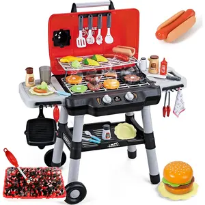 Kids Play Kitchen Toys, Kids BBQ Grill Playset with Smoke Sound Light, 2-Layer Barbecue Toy with Wheel, Outdoor Play Grill Toys for Toddlers 3-5, Play Food Toys Cooking Set, Birthday Gift for Boy Girl