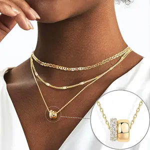 Layered CZ Rondelle Pendant Necklaces for Women, 14K Gold Plated Trendy Mariner Chain Dainty Circle Rondelle Pendant Choker Necklace for Women,Gifts for sisters,woman trendy fashion jewelry