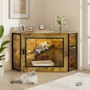 [Bellemave]48" Corner Cat Litter Box Enclosure, Modern Hidden Litter Box Corner Cabinet with Acrylic Door and LED Light, Cat House with Playground and Stairs, Tiger