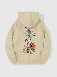 Unisex's Halloween Themed Skeleton & Pumpkin Print Zipper Pajama Hoodie, Casual Long Sleeve Pajama Top for Spring & Fall, Unisex's Sleepwear for Daily Wear