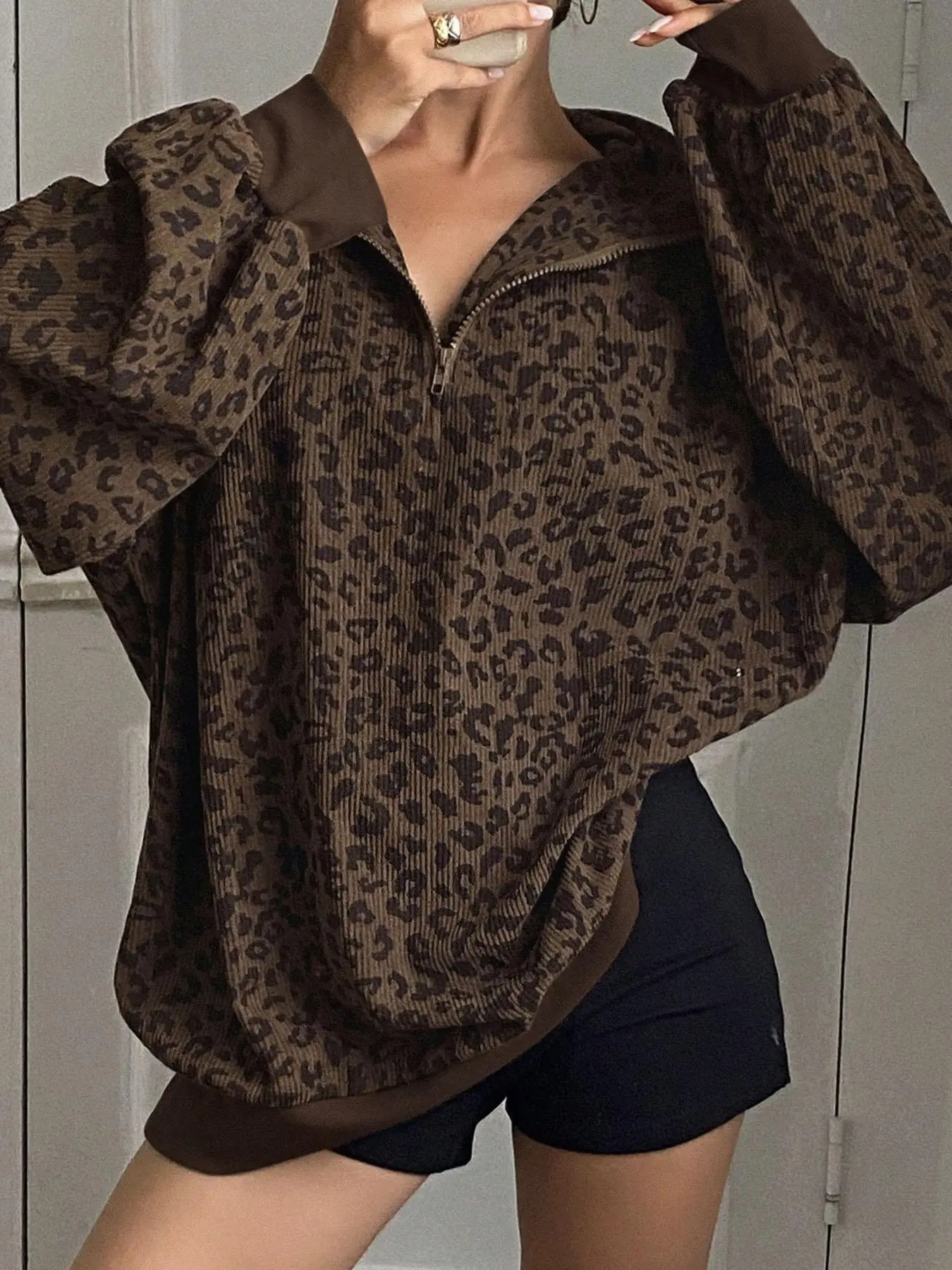 Women's Leopard Print Half Zip Pullover Oversized Drop Shoulder Long Sleeve Top Contrast Cuff & Hem Loose Relaxed Fit Casual Streetwear Trendy Animal Pattern Sweatshirt