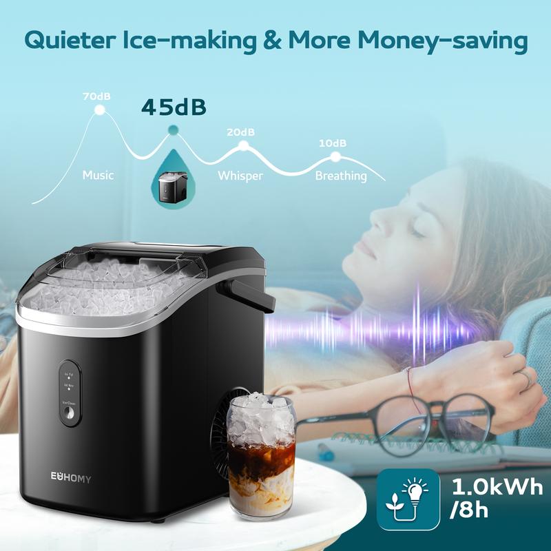 EUHOMY Nugget Ice Maker Countertop with Handle, Ready in 6 Mins, 33lbs/24H, Removable Top Cover, Auto-Cleaning, Portable Pebble Ice Maker with Basket and Scoop, for Home/Kitchen/Party/Camping