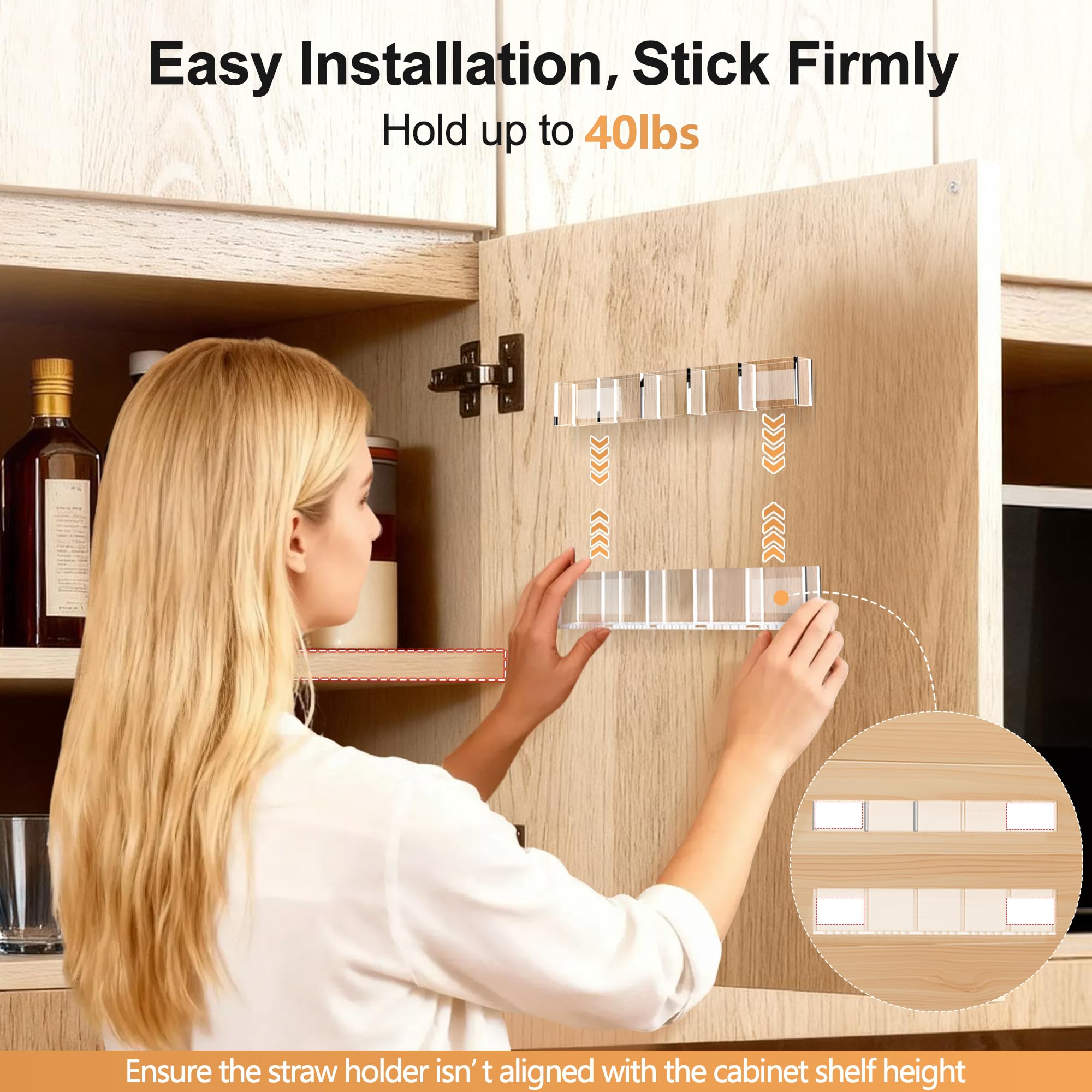 2026 Acrylic Straw Holder for Cabinet Door, Reusable Adjustable Tumbler Straws Organizer with Ultra Sticky Adhesive Strips, Straw Storage for Kitchen Cupboard