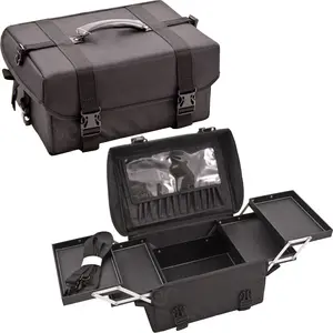 Ver Beauty Soft Sided Nylon Makeup Case with Clasp Closure & Detachable Shoulder Strap - Black Cosmetic Organizer with Padded Trays & Brush Holder Multi-Compartment Design