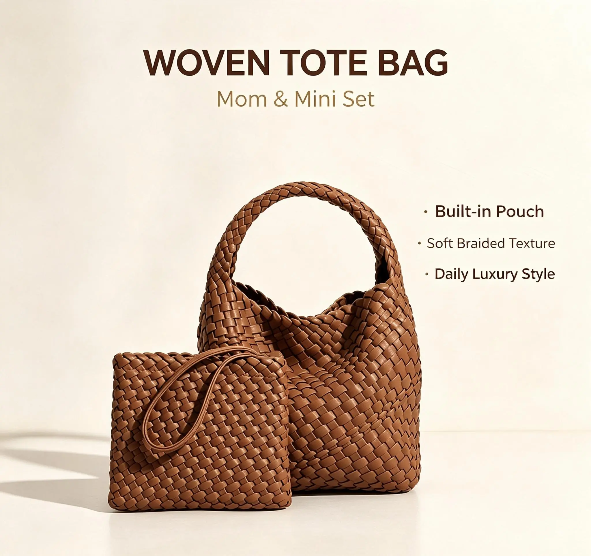 Handbags for Women, Casual Woven Look Vegan Leather Slip On Tote, 2-in-1 Multi-Function Set with Crossbody Pouch