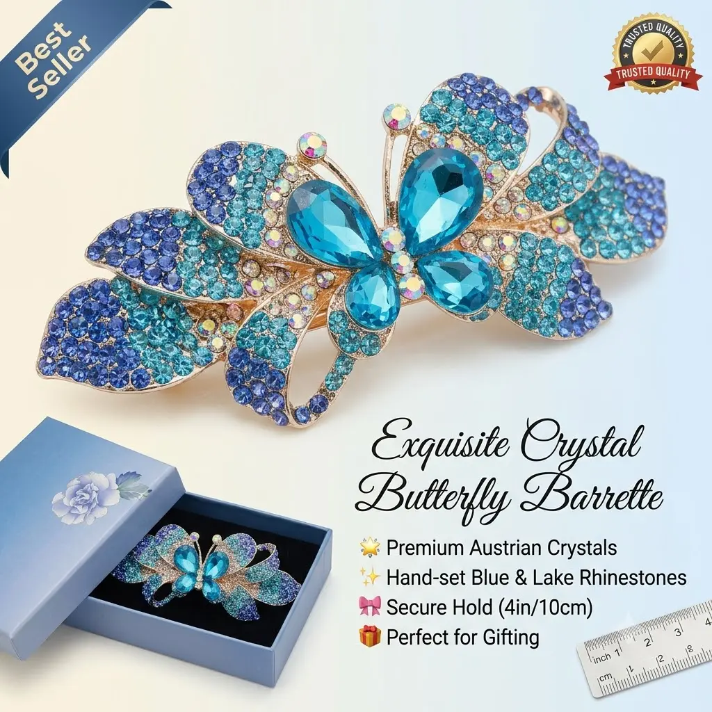 Women's Large Metal Crystal Hair Barrette - Blue, Lake-Colored Rhinestone Flower Hair Accessory