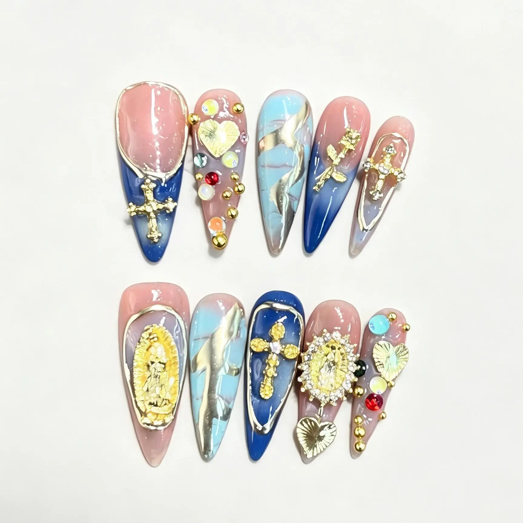 20stiletto Baroque Royal style blue gold luxury acrylic handmade press on nails