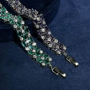 Elegant Luxury Silver-Toned Tennis Bracelet Set with Emerald Green & Purple Zirconia Pearl Accents Sparkling Statement Jewelry for Women Ideal for Wedding Party Evening Event & Anniversary Gift