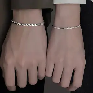 2Pcs  Silver Chain Bracelet Set for Women Men Simple Crystal Heart Adjustable Couple Bracelets Couple Jewelry Gifts