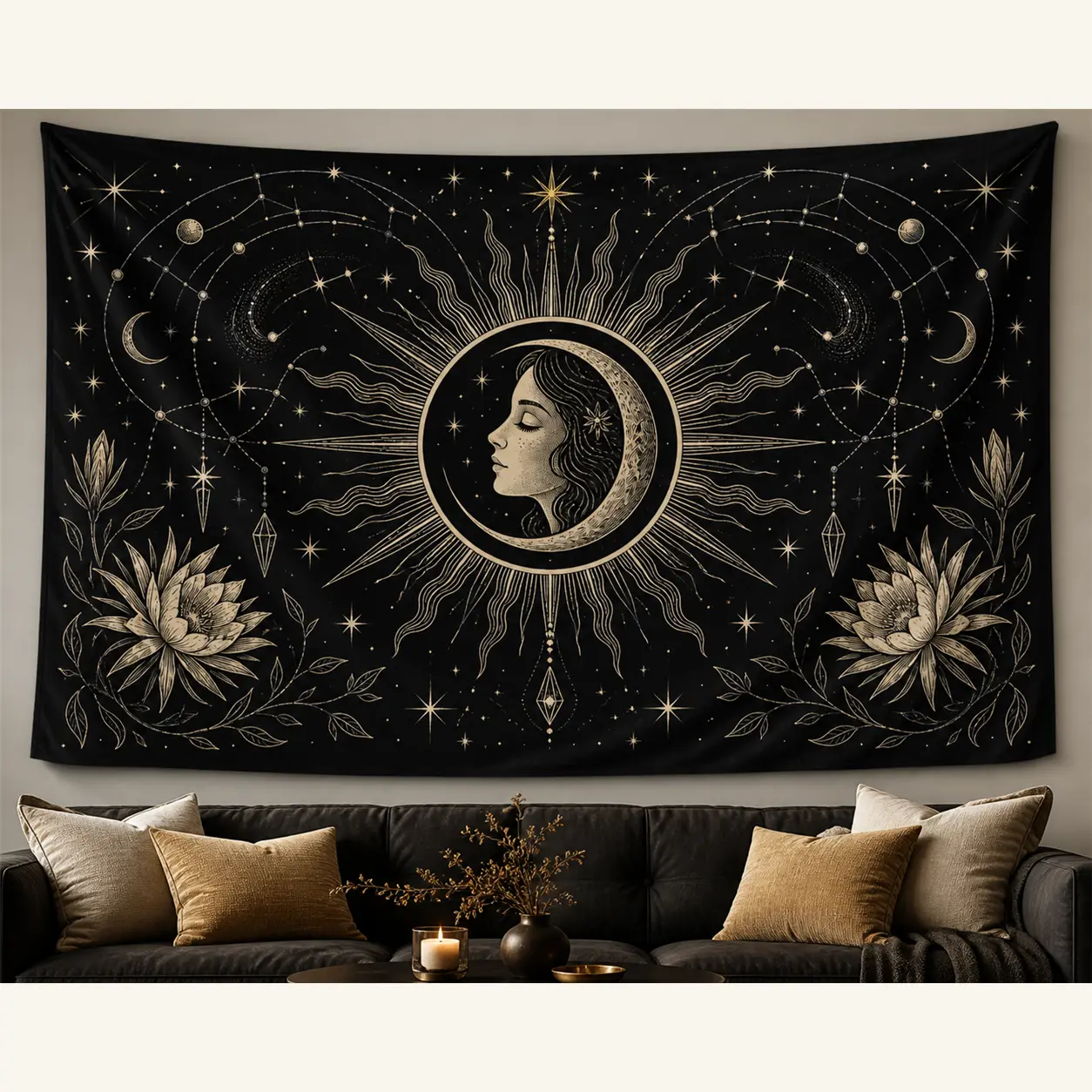 Black and Gold Celestial Wall Tapestry, Moon Woman Stars and Lotus Design, Lightweight Linen Fabric Wall Hanging for Bedroom or Living Room Decor