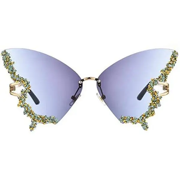 Luxury Diamond Butterfly Sunglasses Women Vintage Rimless Oversized Rhinestone bling Sun Glasses LadiesY2K Eyewear (blue)