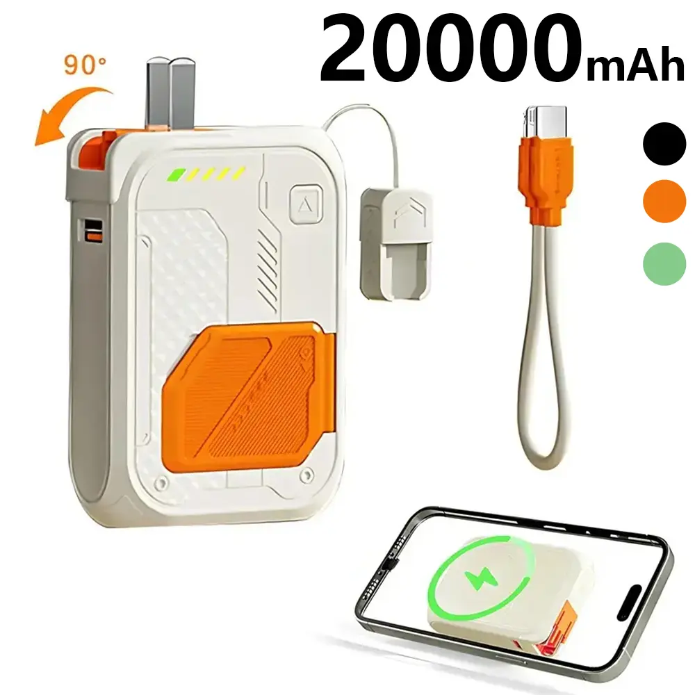 Portable Built‑in AC Plug Power Bank with Integrated Cables, Magnetic Charging, Digital LED Display - Compact External Battery for Travel, Home and Outdoor Use