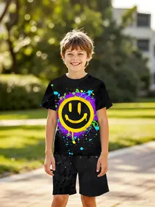 Boys' Fashion Outdoor Sports Summer Graffiti Design Smiley Face Print Short Sleeve Shorts Set, Casual Fitted Two-Piece
