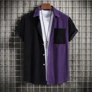 Men's Striped Corduroy Shirt - Shortsleeve, Collared Neck, Patchwork Trim, European & American Style Casual Tropical Menswear Top
