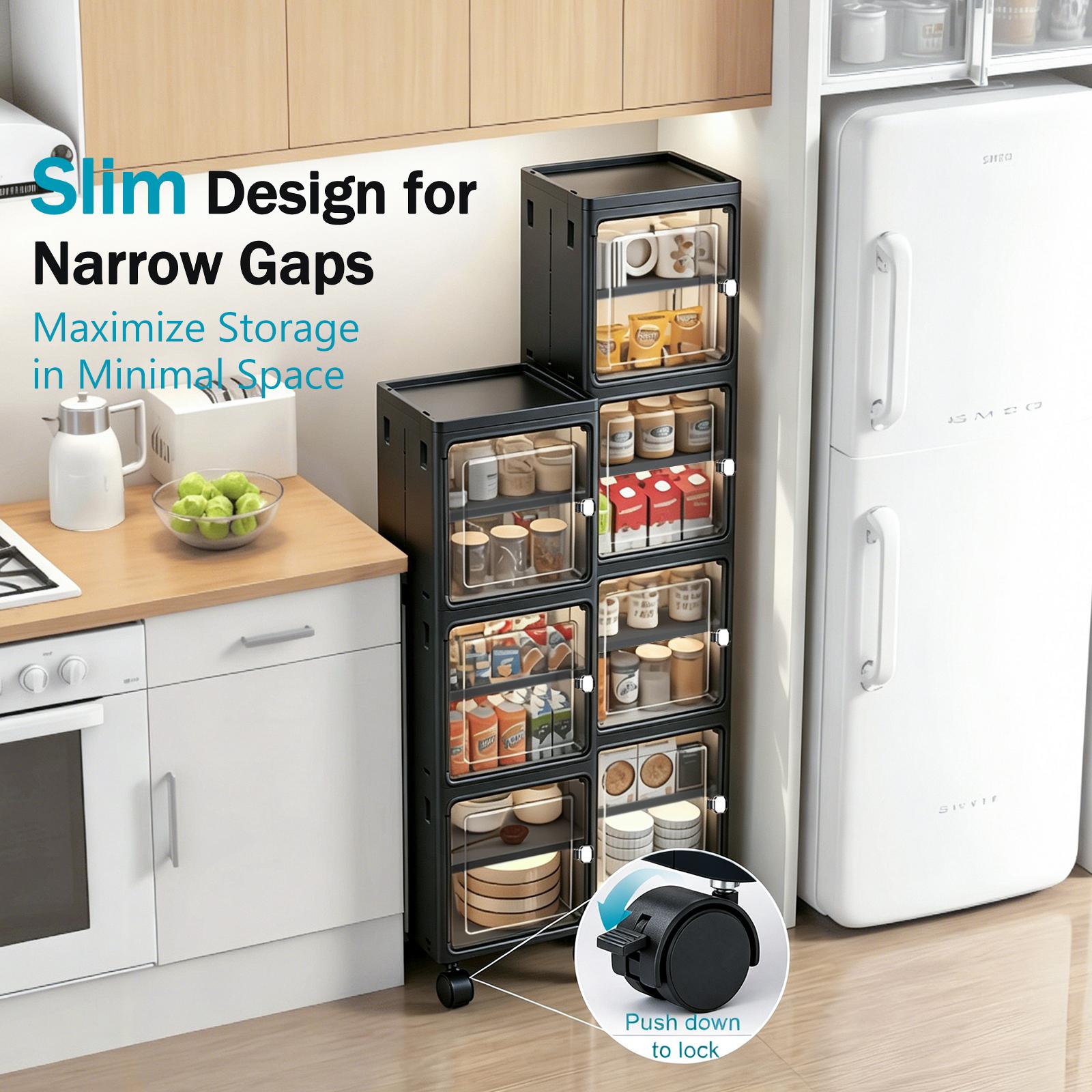 Slim Narrow Foldable Storage Cabinet, Magnetic Transparent Door Tall Organizer with Rolling Lockable Casters, Adjustable Layer Plastic Cabinet for Kitchen Gaps, Bathroom & Laundry Room Home Storage
