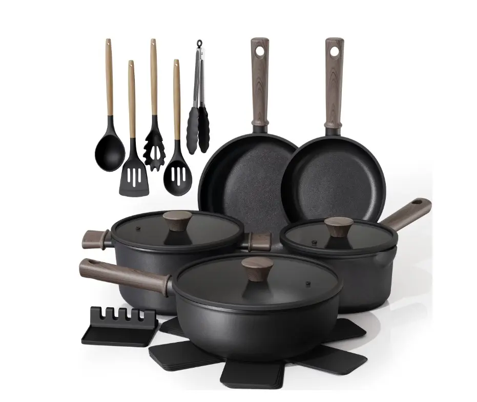 Astercook 18-Piece Pots and Pans Set, Black Titanium Induction Nonstick Cookware Set, Oven Safe to 480°F, Induction Compatible & Dishwasher Safe, Kitchen Cooking Set for RV Trips, Camping and Picnic