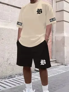 Men's Letter Pattern Casual Sports Set, Short Sleeve Shirt & Track Shorts, Geometric Style, Fitted A-Type, Summer Wear