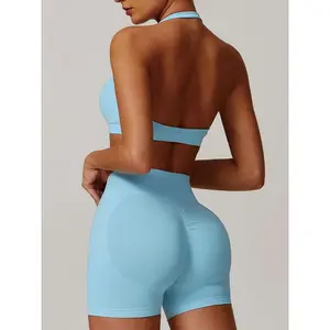 2026Women'S Solid Backless Halter Crop Top & High Waist Shorts Workout Gym Yoga Set, Sporty Breathable Comfy Outfits For Women, Ladies Gym Clothes, Gym Sets