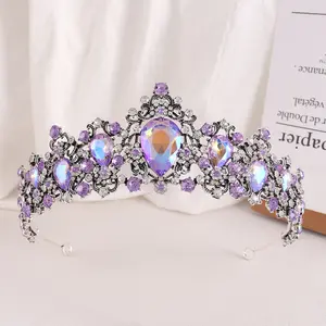 Baroque Vintage Bridal Crown Purple Rhinestone Crown Headband Wedding Dress Headpiece