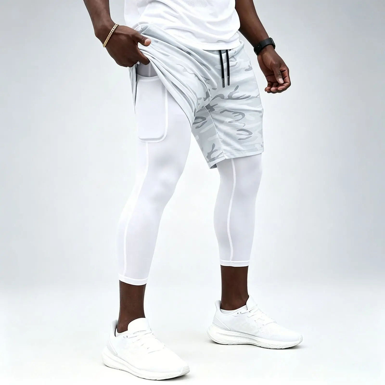 Men’s 2-in-1 athletic shorts, mesh basketball shorts paired with compression leggings, featuring drawstring pockets—shorts designed for fitness and running.