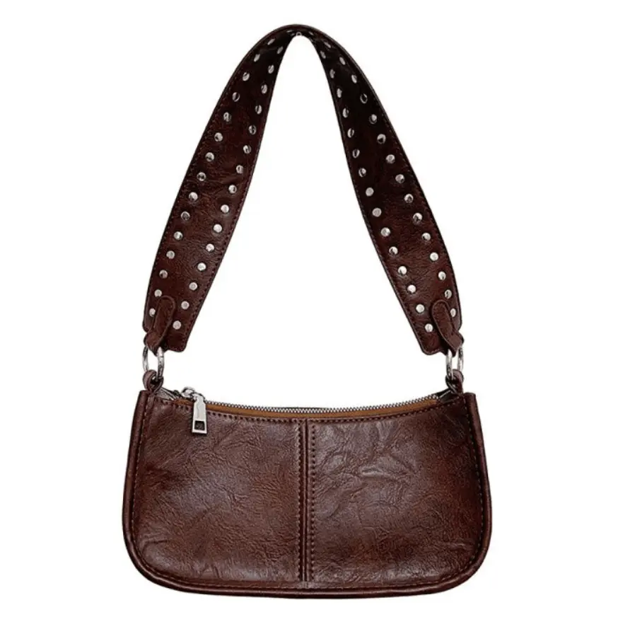 Noir muse || Vintage Distressed Rivet Crossbody Purse - American Y2K Baguette Mini Bag, Punk-Style Single-Shoulder Crescent Purses Crossbody Bag