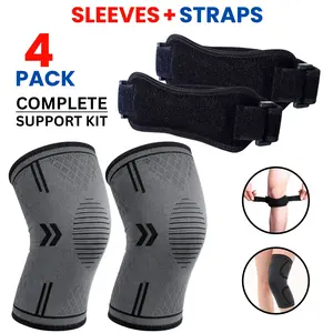 Knee Support Kit (4 Pack) – 2 Compression Knee Sleeves + 2 Adjustable Knee Straps for Sports, Gym, Work & Daily Support