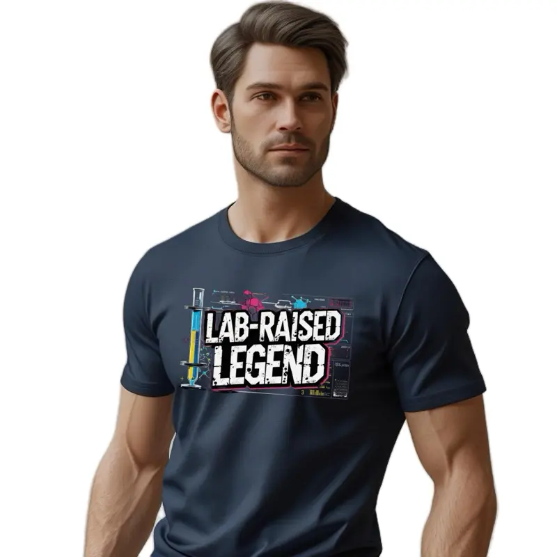 Lab Legend Peptide Tee - Navy Blue T-Shirt with "LAB-RAISED LEGEND" Text and Graphic Design